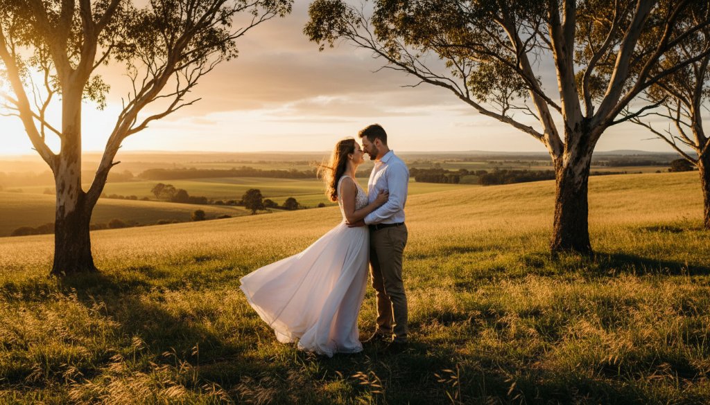 An emotionally resonant and epic moment from a romantic Woodend pre-wedding photography adventures shoot, featuring a couple embracing passionately amidst the dramatic golden light of a setting sun over rolling hills and ancient gum trees, with professional color grading.