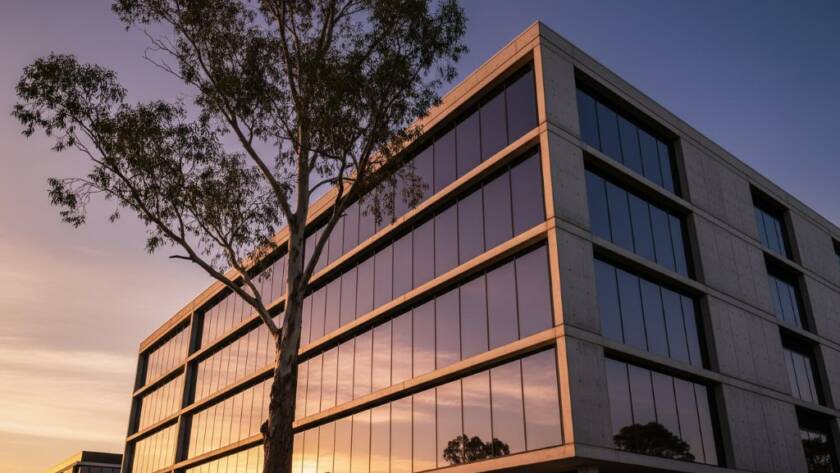 A dramatic twilight shot showcasing Rowville Architecture Photography Expertise, featuring a modern building with sleek lines illuminated by warm interior lights, against a deep blue sky with a hint of last light, captured with professional color grading.