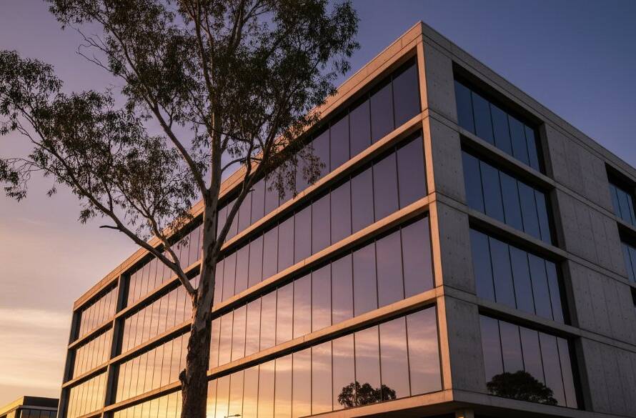 A dramatic twilight shot showcasing Rowville Architecture Photography Expertise, featuring a modern building with sleek lines illuminated by warm interior lights, against a deep blue sky with a hint of last light, captured with professional color grading.