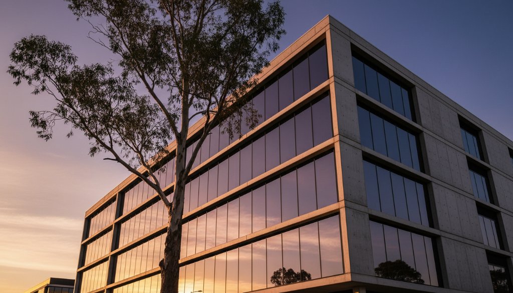 A dramatic twilight shot showcasing Rowville Architecture Photography Expertise, featuring a modern building with sleek lines illuminated by warm interior lights, against a deep blue sky with a hint of last light, captured with professional color grading.