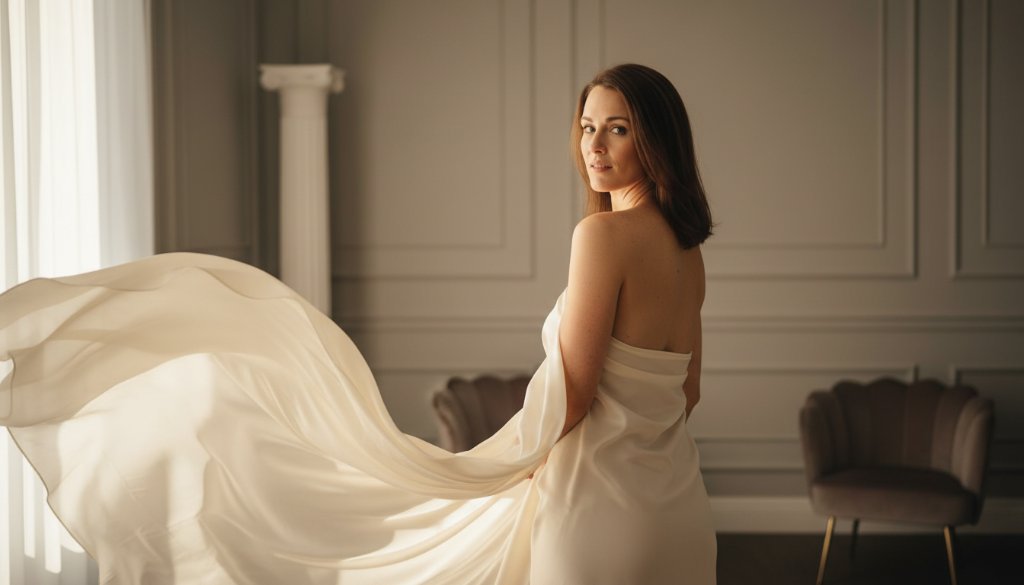 A stunning, professionally lit portrait capturing a woman's confident and serene expression during her Rowville boudoir photography for empowering women session, bathed in warm, dramatic natural light from a large window, showcasing soft textures and elegant posing.