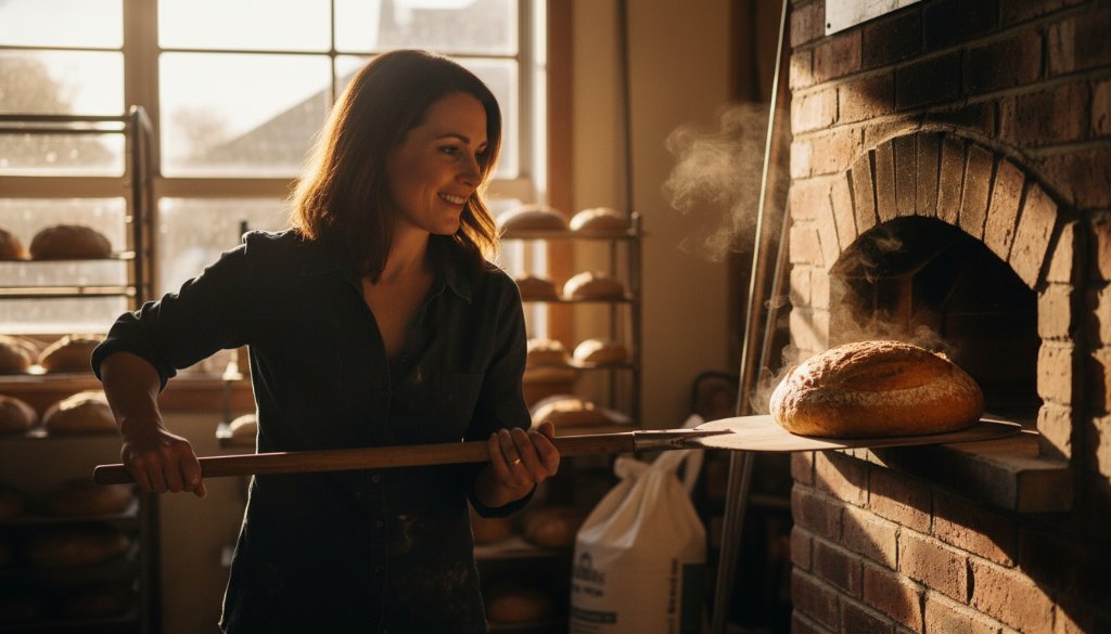 Dramatic, cinematic photograph capturing a skilled artisan in Rowville meticulously crafting a unique product, illuminated by a warm, golden hour light filtering through a workshop window, showcasing Rowville commercial photography for small businesses with authenticity.