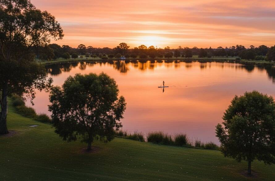 Dramatic aerial view captured by professional Rowville drone photography for breathtaking aerial views, showcasing a vibrant sunset over Llewellyn Park, Rowville, with deep orange and purple hues reflecting on the lake, a lone kayaker silhouetted against the light, and lush green parklands in the foreground. The composition highlights the serene beauty and expansive scale of the Rowville landscape at golden hour.