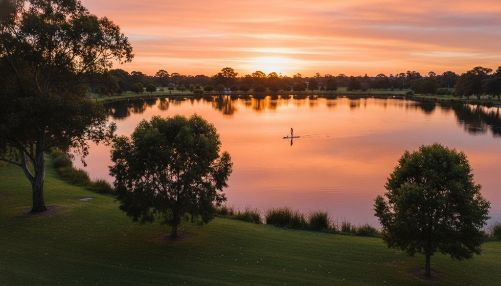 Dramatic aerial view captured by professional Rowville drone photography for breathtaking aerial views, showcasing a vibrant sunset over Llewellyn Park, Rowville, with deep orange and purple hues reflecting on the lake, a lone kayaker silhouetted against the light, and lush green parklands in the foreground. The composition highlights the serene beauty and expansive scale of the Rowville landscape at golden hour.