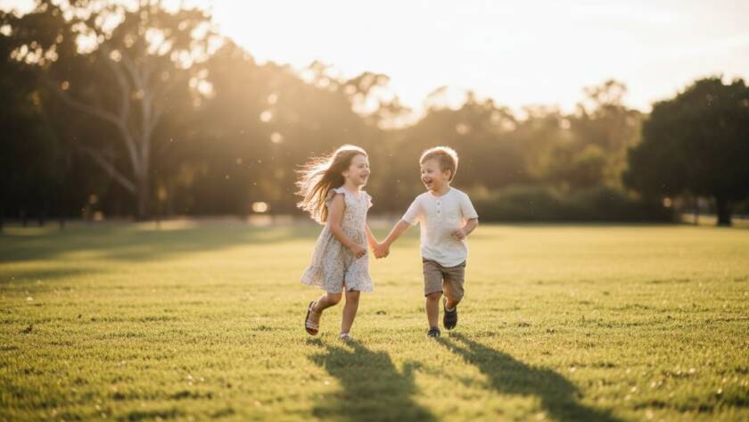 A vibrant, golden-hour outdoor portrait in a Rowville park, showcasing Rowville family photography capturing authentic kid moments as two siblings laugh joyfully while running through dappled sunlight, professionally colour graded for an epic, heartwarming feel.