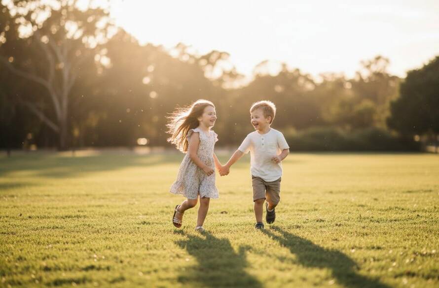 A vibrant, golden-hour outdoor portrait in a Rowville park, showcasing Rowville family photography capturing authentic kid moments as two siblings laugh joyfully while running through dappled sunlight, professionally colour graded for an epic, heartwarming feel.