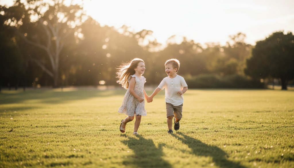 A vibrant, golden-hour outdoor portrait in a Rowville park, showcasing Rowville family photography capturing authentic kid moments as two siblings laugh joyfully while running through dappled sunlight, professionally colour graded for an epic, heartwarming feel.