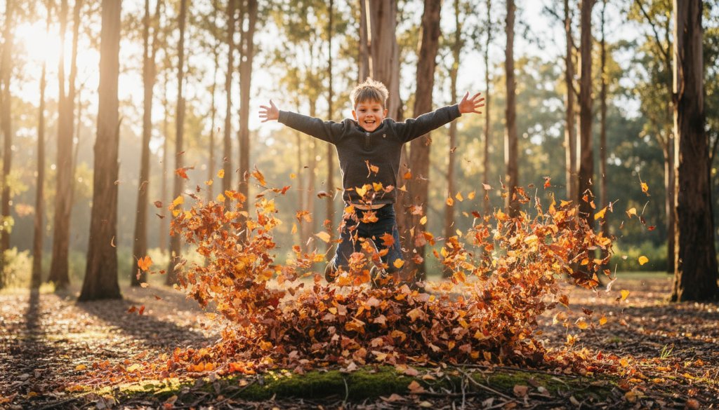 A professional photograph of a young child, around 5 years old, laughing joyfully as they run through a field of golden sun-drenched grass at Lysterfield Park, Rowville, with their parents' hands visible gently guiding them from behind, bathed in dramatic golden hour light, capturing Rowville family photography capturing authentic child joy.
