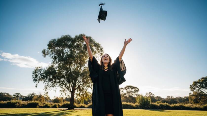 A jubilant graduate in their cap and gown, framed by the late afternoon sun over a scenic Rowville park, joyfully tossing their mortarboard into the air, capturing a Rowville graduation photography epic moment with dramatic lighting and professional color grading.
