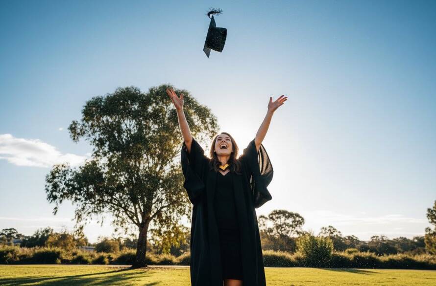 A jubilant graduate in their cap and gown, framed by the late afternoon sun over a scenic Rowville park, joyfully tossing their mortarboard into the air, capturing a Rowville graduation photography epic moment with dramatic lighting and professional color grading.
