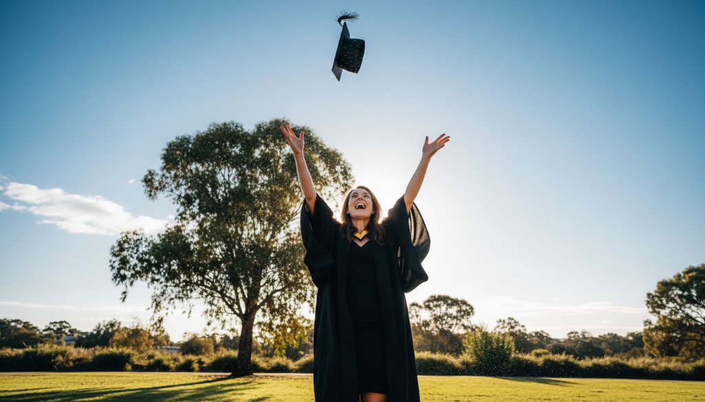 A jubilant graduate in their cap and gown, framed by the late afternoon sun over a scenic Rowville park, joyfully tossing their mortarboard into the air, capturing a Rowville graduation photography epic moment with dramatic lighting and professional color grading.
