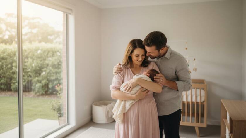 A tender, cinematic wide shot of parents gently cradling their newborn baby in a beautifully lit, serene Rowville home, perfectly illustrating Rowville newborn photography capturing precious family moments.