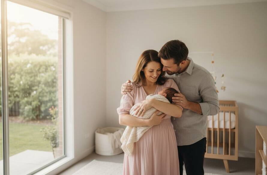 A tender, cinematic wide shot of parents gently cradling their newborn baby in a beautifully lit, serene Rowville home, perfectly illustrating Rowville newborn photography capturing precious family moments.