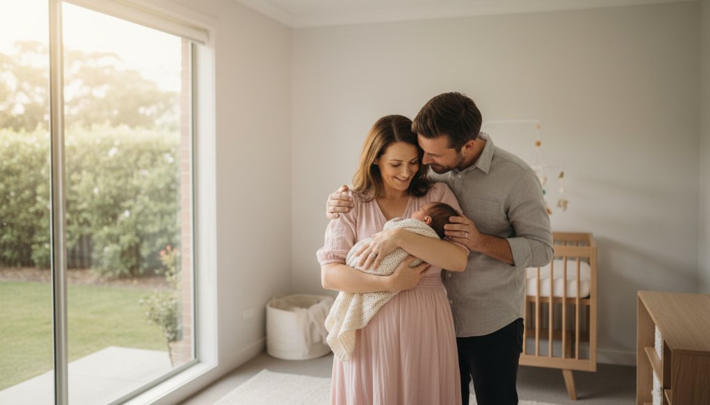 A tender, cinematic wide shot of parents gently cradling their newborn baby in a beautifully lit, serene Rowville home, perfectly illustrating Rowville newborn photography capturing precious family moments.