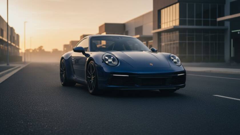 A dramatically lit, high-performance sports car, glistening under a dramatic sunset in a Rowville industrial park. This stunning image exemplifies Rowville prestige vehicle photography services, capturing the vehicle's dynamic lines and power in an epic moment, professionally colour-graded.