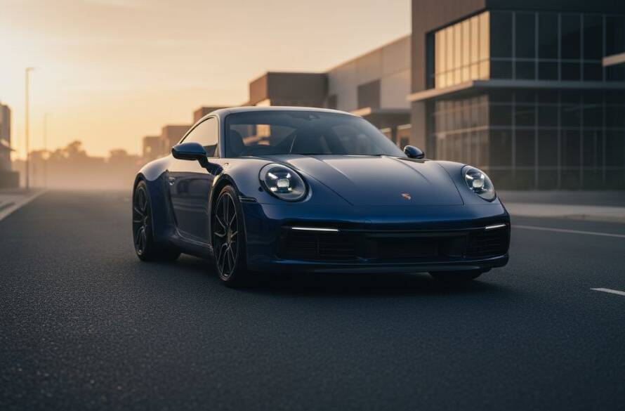A dramatically lit, high-performance sports car, glistening under a dramatic sunset in a Rowville industrial park. This stunning image exemplifies Rowville prestige vehicle photography services, capturing the vehicle's dynamic lines and power in an epic moment, professionally colour-graded.