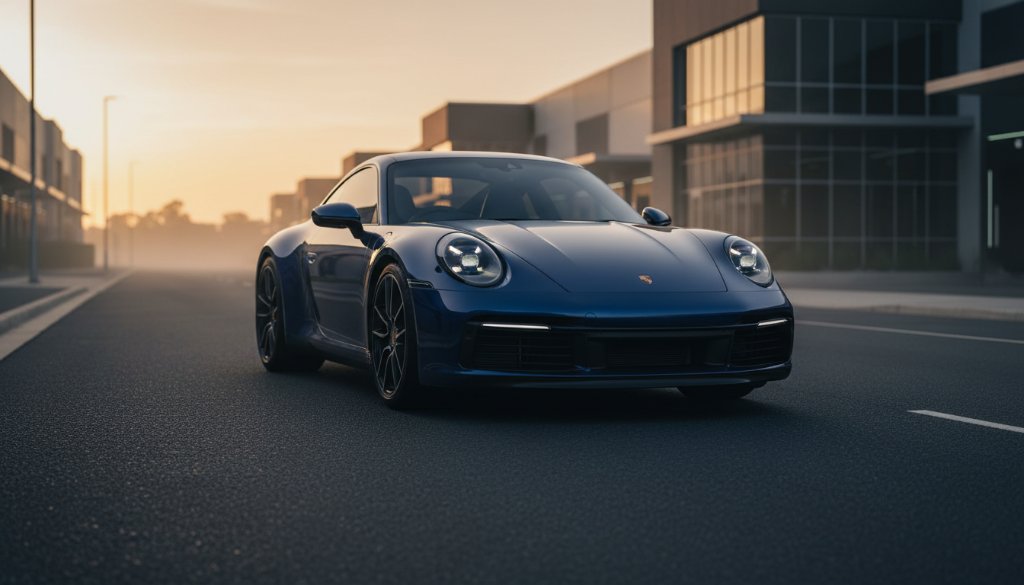 A dramatically lit, high-performance sports car, glistening under a dramatic sunset in a Rowville industrial park. This stunning image exemplifies Rowville prestige vehicle photography services, capturing the vehicle's dynamic lines and power in an epic moment, professionally colour-graded.
