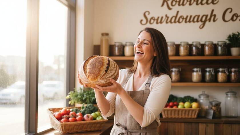 Dynamic wide-angle shot of a passionate female artisan showcasing her handcrafted pottery in a well-lit Rowville studio, captured with expert Rowville small business branding photography, highlighting creativity and craftsmanship with dramatic cinematic lighting.