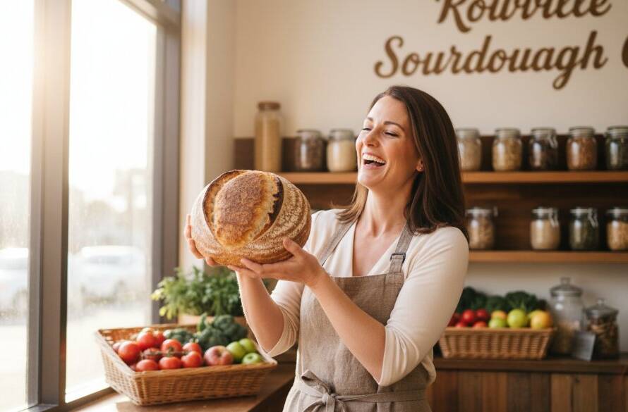 Dynamic wide-angle shot of a passionate female artisan showcasing her handcrafted pottery in a well-lit Rowville studio, captured with expert Rowville small business branding photography, highlighting creativity and craftsmanship with dramatic cinematic lighting.