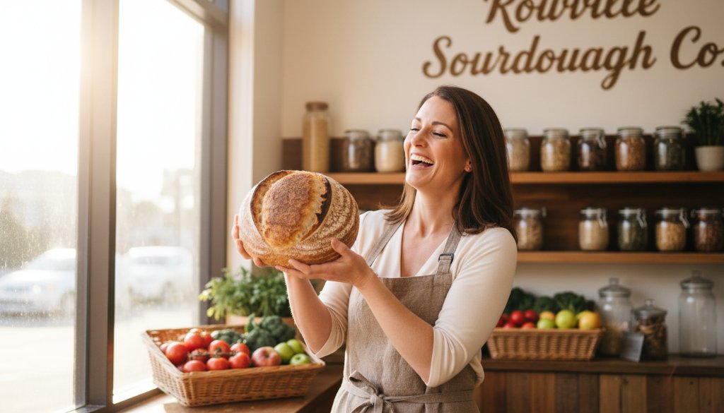 Dynamic wide-angle shot of a passionate female artisan showcasing her handcrafted pottery in a well-lit Rowville studio, captured with expert Rowville small business branding photography, highlighting creativity and craftsmanship with dramatic cinematic lighting.