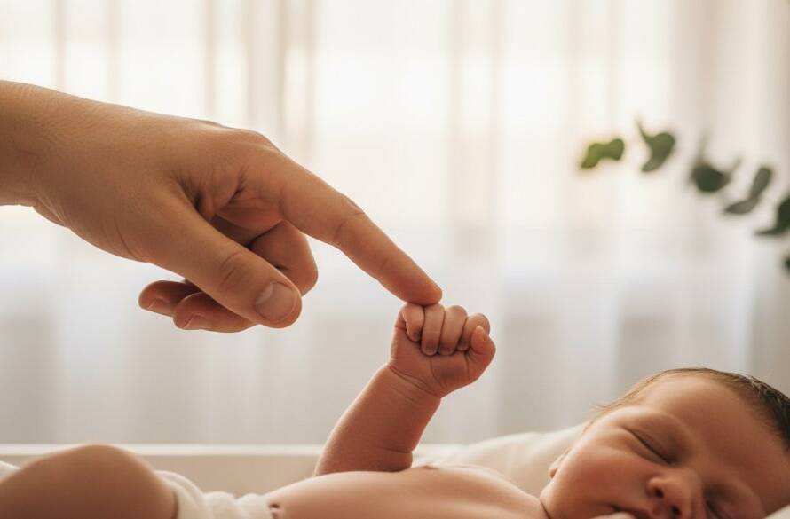 A tender moment during a Rowville Victoria candid newborn photography experience, showing parents gently holding their sleeping baby near a sunlit window, professionally captured with soft, ethereal lighting and warm tones.
