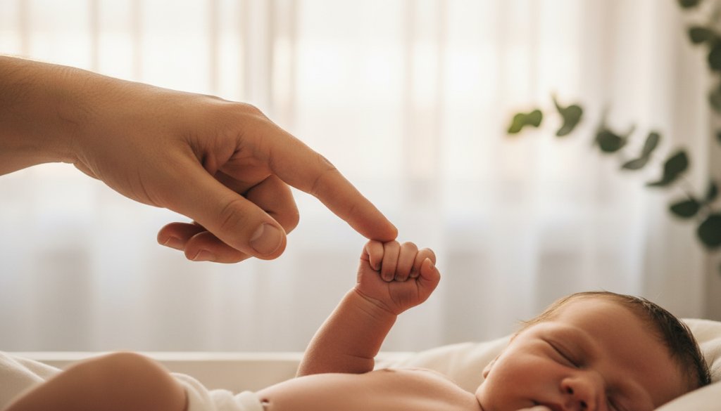 A tender moment during a Rowville Victoria candid newborn photography experience, showing parents gently holding their sleeping baby near a sunlit window, professionally captured with soft, ethereal lighting and warm tones.