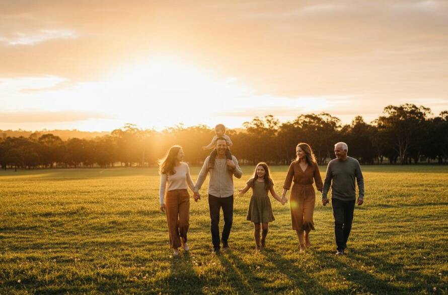 A dramatic, cinematic fine art portrait captured in Rowville, Victoria, Australia, featuring a family silhouetted against a golden sunset over Llewellyn Park, emphasizing the serene beauty of Rowville Victoria fine art portrait photography.