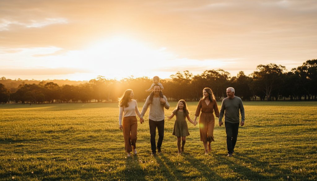 A dramatic, cinematic fine art portrait captured in Rowville, Victoria, Australia, featuring a family silhouetted against a golden sunset over Llewellyn Park, emphasizing the serene beauty of Rowville Victoria fine art portrait photography.