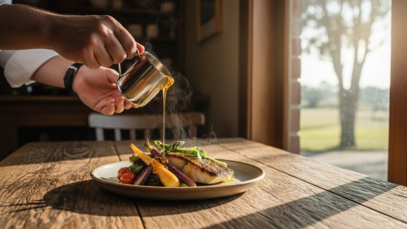 An epic moment in Rustic Huntly Farm-to-Table Food Photography, capturing a chef's hand delicately garnishing a vibrant, freshly prepared dish with herbs on a rustic wooden table, bathed in warm, natural light from a nearby window, showcasing local Huntly produce.
