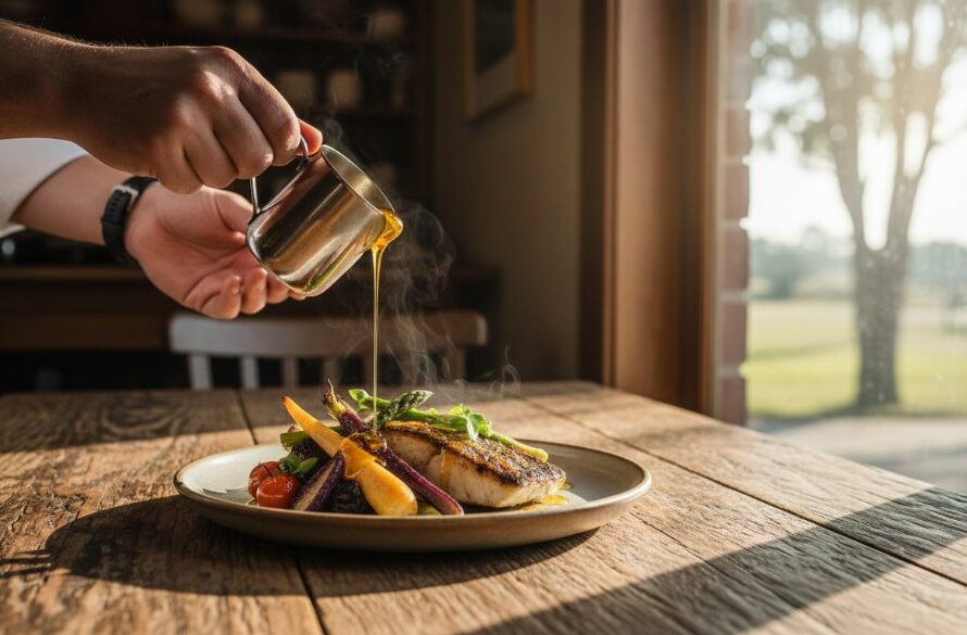 An epic moment in Rustic Huntly Farm-to-Table Food Photography, capturing a chef's hand delicately garnishing a vibrant, freshly prepared dish with herbs on a rustic wooden table, bathed in warm, natural light from a nearby window, showcasing local Huntly produce.