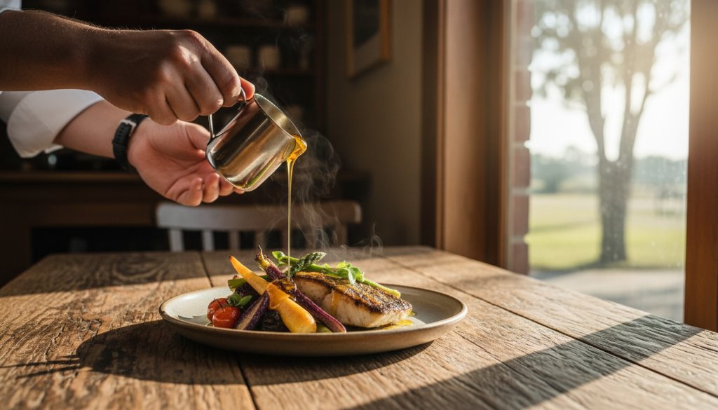 An epic moment in Rustic Huntly Farm-to-Table Food Photography, capturing a chef's hand delicately garnishing a vibrant, freshly prepared dish with herbs on a rustic wooden table, bathed in warm, natural light from a nearby window, showcasing local Huntly produce.