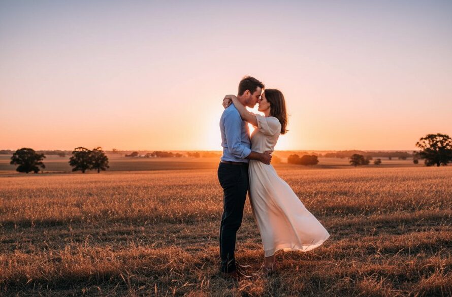 An epic moment of a couple embracing passionately during their rustic Kilmore engagement photography at sunset, with golden light illuminating their faces against a picturesque rural Victorian landscape, professional color grading.