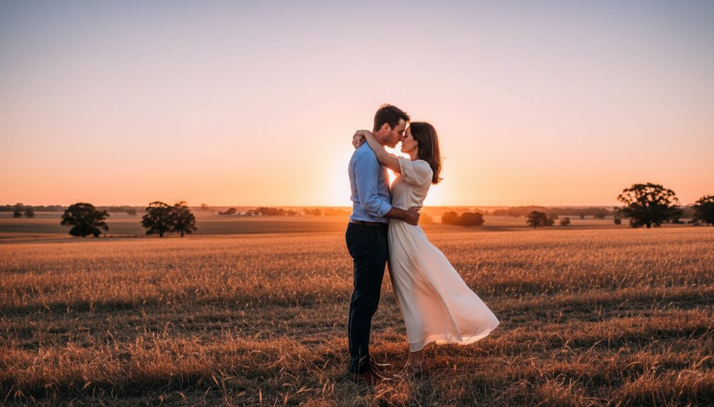 An epic moment of a couple embracing passionately during their rustic Kilmore engagement photography at sunset, with golden light illuminating their faces against a picturesque rural Victorian landscape, professional color grading.