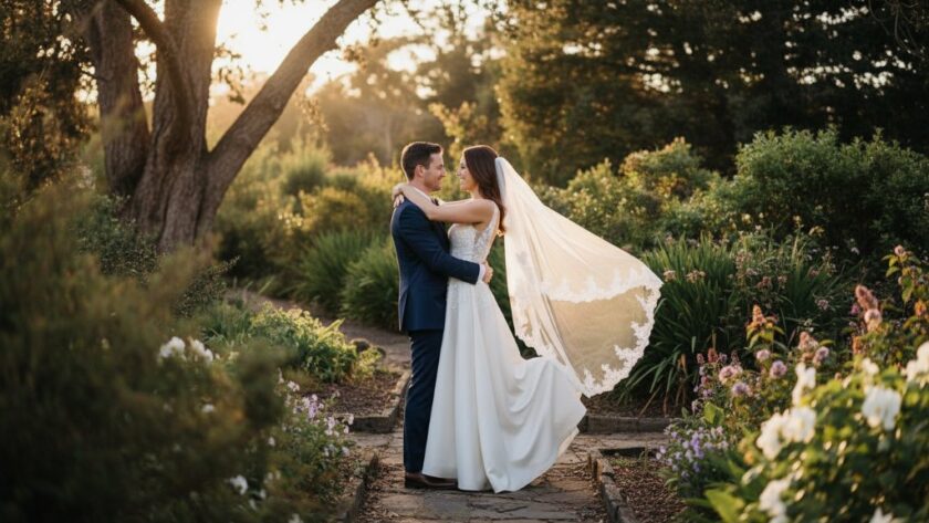 A newlywed couple shares an intimate, joyful embrace amidst lush, sun-dappled foliage in a Canadian garden, showcasing beautiful rustic wedding photography Canadian gardens Victoria.