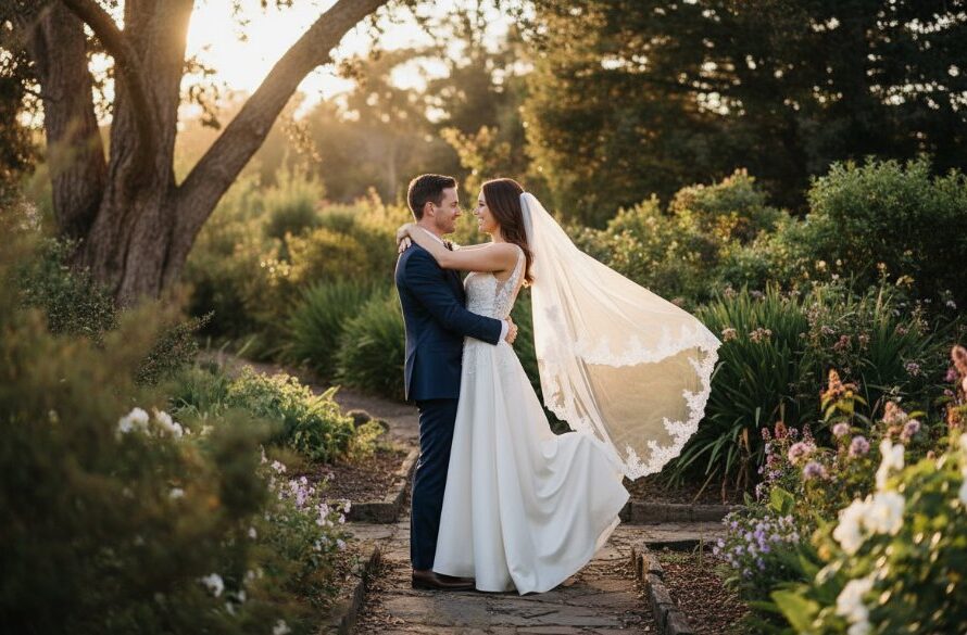 A newlywed couple shares an intimate, joyful embrace amidst lush, sun-dappled foliage in a Canadian garden, showcasing beautiful rustic wedding photography Canadian gardens Victoria.