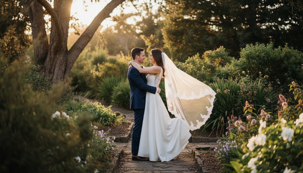 A newlywed couple shares an intimate, joyful embrace amidst lush, sun-dappled foliage in a Canadian garden, showcasing beautiful rustic wedding photography Canadian gardens Victoria.