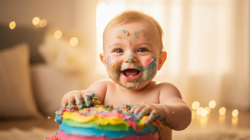 An adorable baby in Sale, Victoria, joyfully smashing a cake during their first birthday photoshoot, covered in frosting with a huge grin, captured in a vibrant, professionally lit 'epic moment' photograph.