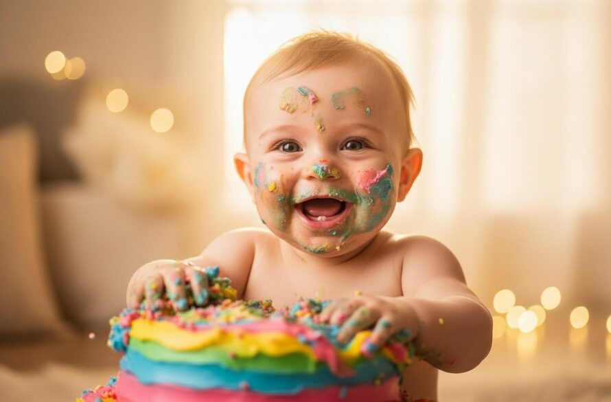 An adorable baby in Sale, Victoria, joyfully smashing a cake during their first birthday photoshoot, covered in frosting with a huge grin, captured in a vibrant, professionally lit 'epic moment' photograph.