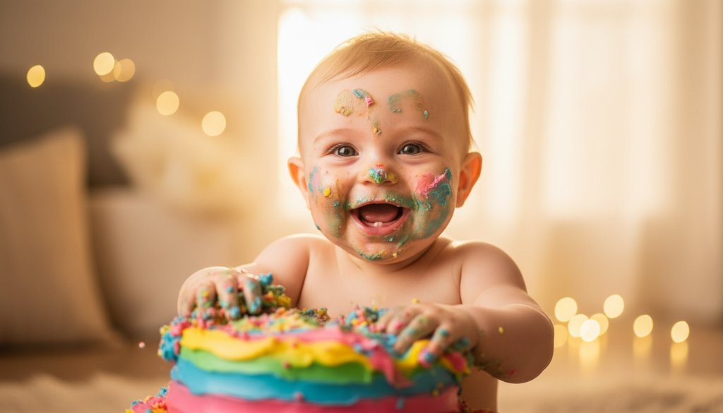 An adorable baby in Sale, Victoria, joyfully smashing a cake during their first birthday photoshoot, covered in frosting with a huge grin, captured in a vibrant, professionally lit 'epic moment' photograph.