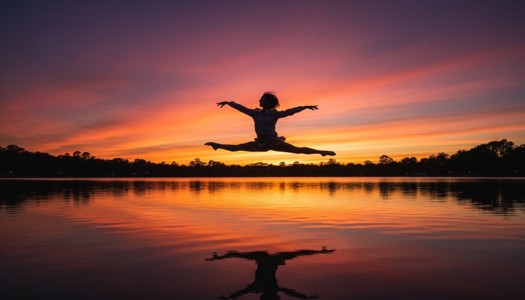 A contemporary dancer frozen mid-air in a powerful, dynamic leap against the backdrop of a Sale sunset, showcasing Sale Victoria dynamic dance photography with dramatic flair and professional artistry.