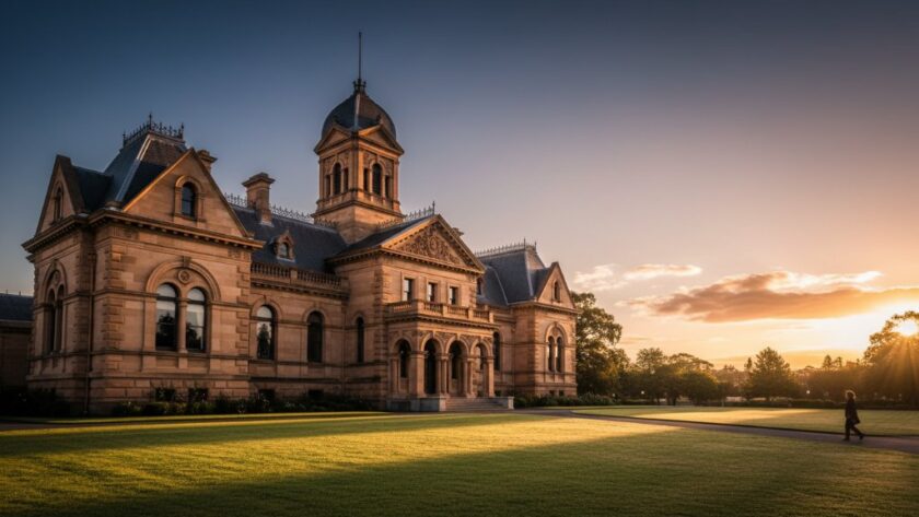 An epic moment in Sale Victoria heritage architecture photography, capturing the dramatic evening light illuminating the historic Sale Court House, showcasing its intricate Victorian design against a vibrant sunset sky, professional colour grading.
