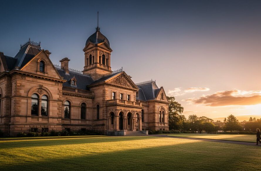 An epic moment in Sale Victoria heritage architecture photography, capturing the dramatic evening light illuminating the historic Sale Court House, showcasing its intricate Victorian design against a vibrant sunset sky, professional colour grading.