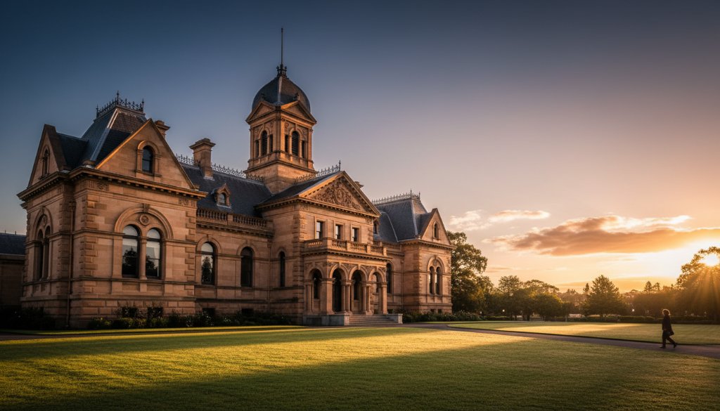 An epic moment in Sale Victoria heritage architecture photography, capturing the dramatic evening light illuminating the historic Sale Court House, showcasing its intricate Victorian design against a vibrant sunset sky, professional colour grading.