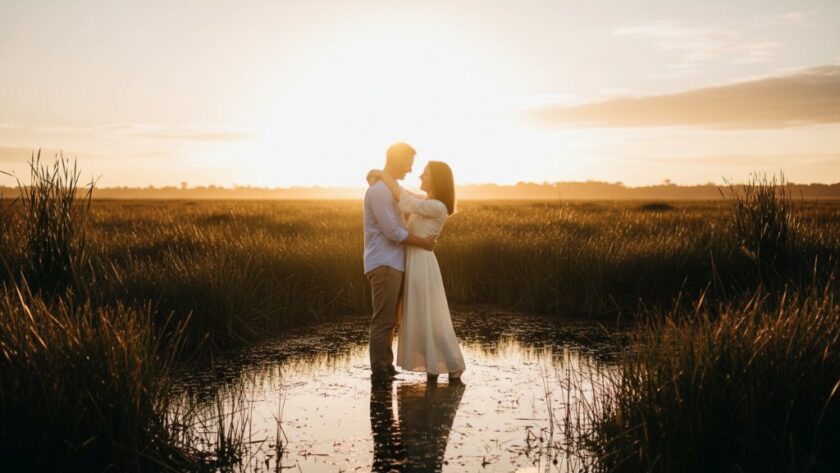 A couple embracing passionately at sunset during their Sale Victoria wetlands engagement photoshoot, with dramatic golden hour light filtering through tall reeds and reflecting on calm water, capturing an epic moment of love and serenity.