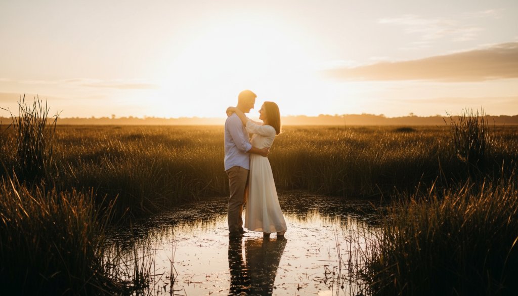 A couple embracing passionately at sunset during their Sale Victoria wetlands engagement photoshoot, with dramatic golden hour light filtering through tall reeds and reflecting on calm water, capturing an epic moment of love and serenity.