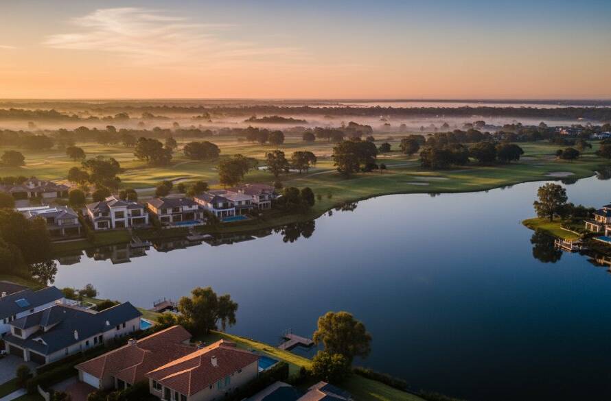 An epic moment captured by Sanctuary Lakes aerial photography showcasing serene landscapes, featuring the sun rising over the calm waters and luxurious homes, with a drone's perspective.