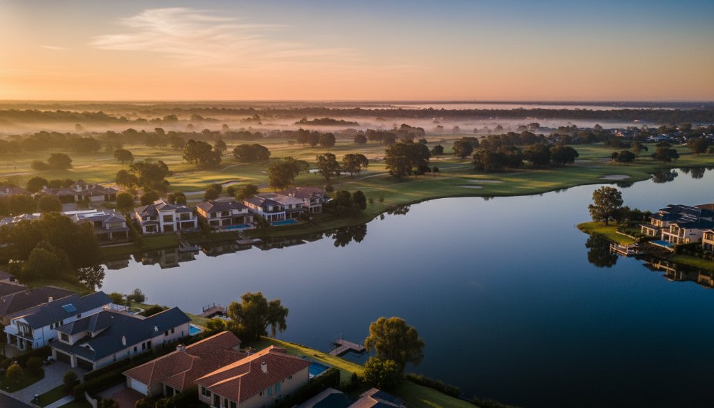 An epic moment captured by Sanctuary Lakes aerial photography showcasing serene landscapes, featuring the sun rising over the calm waters and luxurious homes, with a drone's perspective.