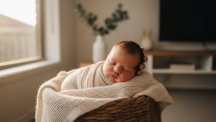 A serene, close-up photograph capturing a newborn baby's tiny hand gently grasping a parent's finger, bathed in soft, warm golden hour light, reflecting the intimacy of Sanctuary Lakes baby photography authentic newborn portraits.