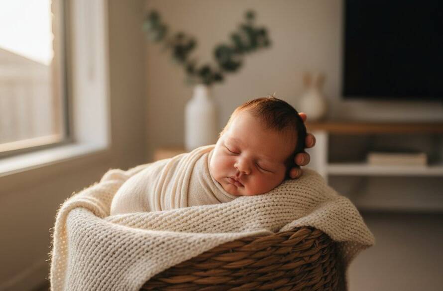A serene, close-up photograph capturing a newborn baby's tiny hand gently grasping a parent's finger, bathed in soft, warm golden hour light, reflecting the intimacy of Sanctuary Lakes baby photography authentic newborn portraits.