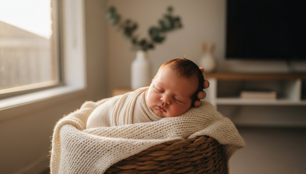A serene, close-up photograph capturing a newborn baby's tiny hand gently grasping a parent's finger, bathed in soft, warm golden hour light, reflecting the intimacy of Sanctuary Lakes baby photography authentic newborn portraits.
